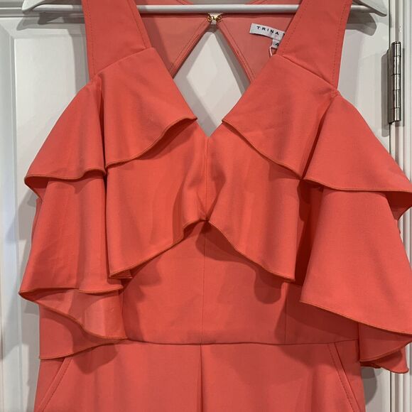 Trina Turk Size 4 Jumpsuit Josephine Coral Ruffle Cold Shoulder Trouser Coral - Picture 5 of 12
